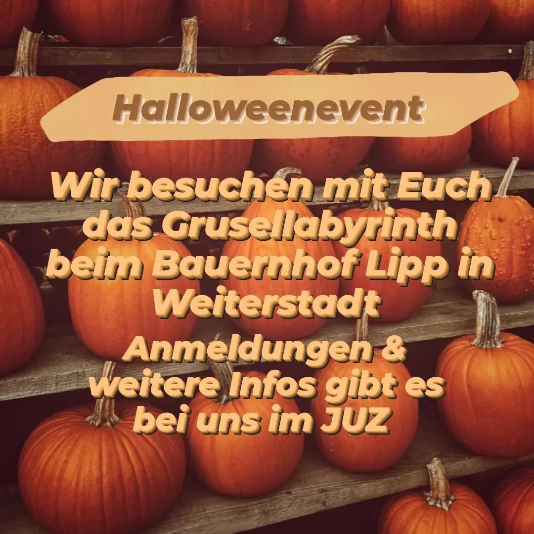 Dieses Jahr wollen wir zusammen mit euch zu Halloween in ein Grusellabyrinth vom @bauer_lipp nach Weiterstadt fahren.
Infos:
🕸️28.10.22 (Abfahrt im JUZ um 17 Uhr)
🦇Bauernhof Lipp
🧟‍♂️5€ Eintritt
🎃Ab 12 Jahren
Anmeldungen und weitere Infos bekommt ihr bei uns